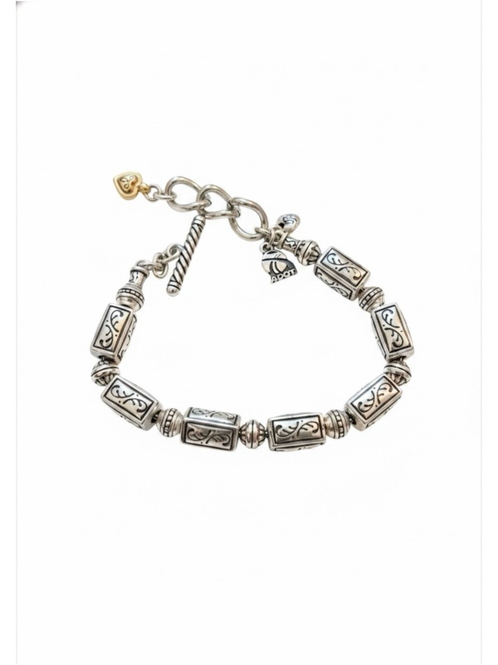 Brighton Silver Filigree Barrel Bead Bracelet with Gold Heart Accent